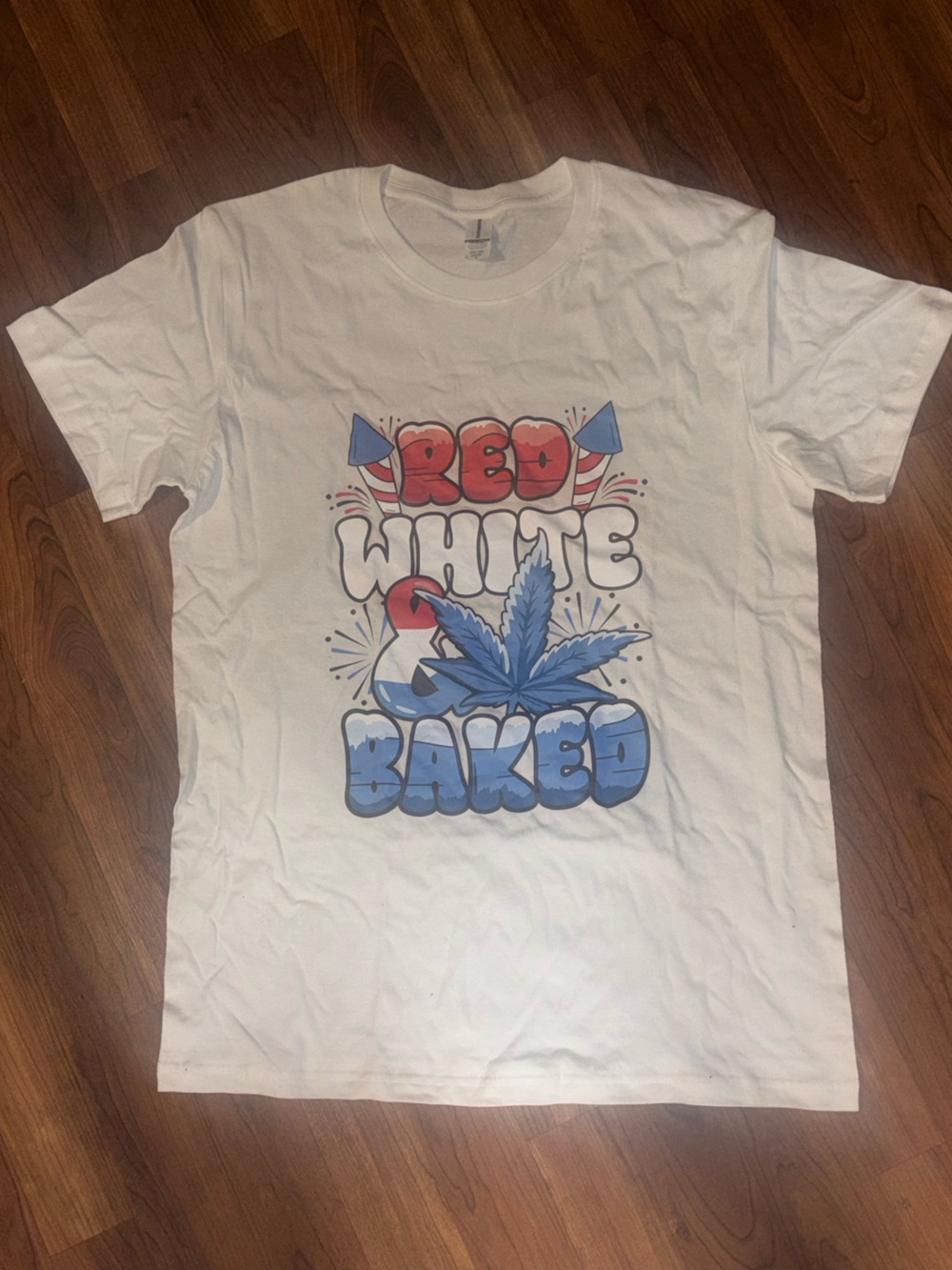 White Graphic Tee with Red & Blue Print Unisex Medium BRAND NEW IN PACKAGING